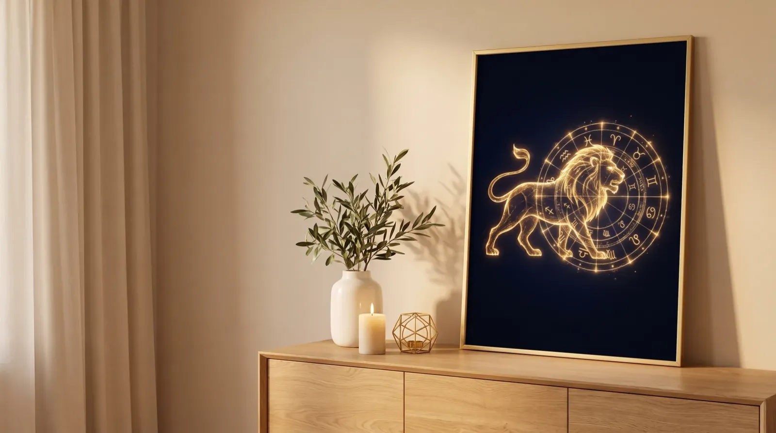 Gerahmtes Design-Horoskop auf einem Sideboard