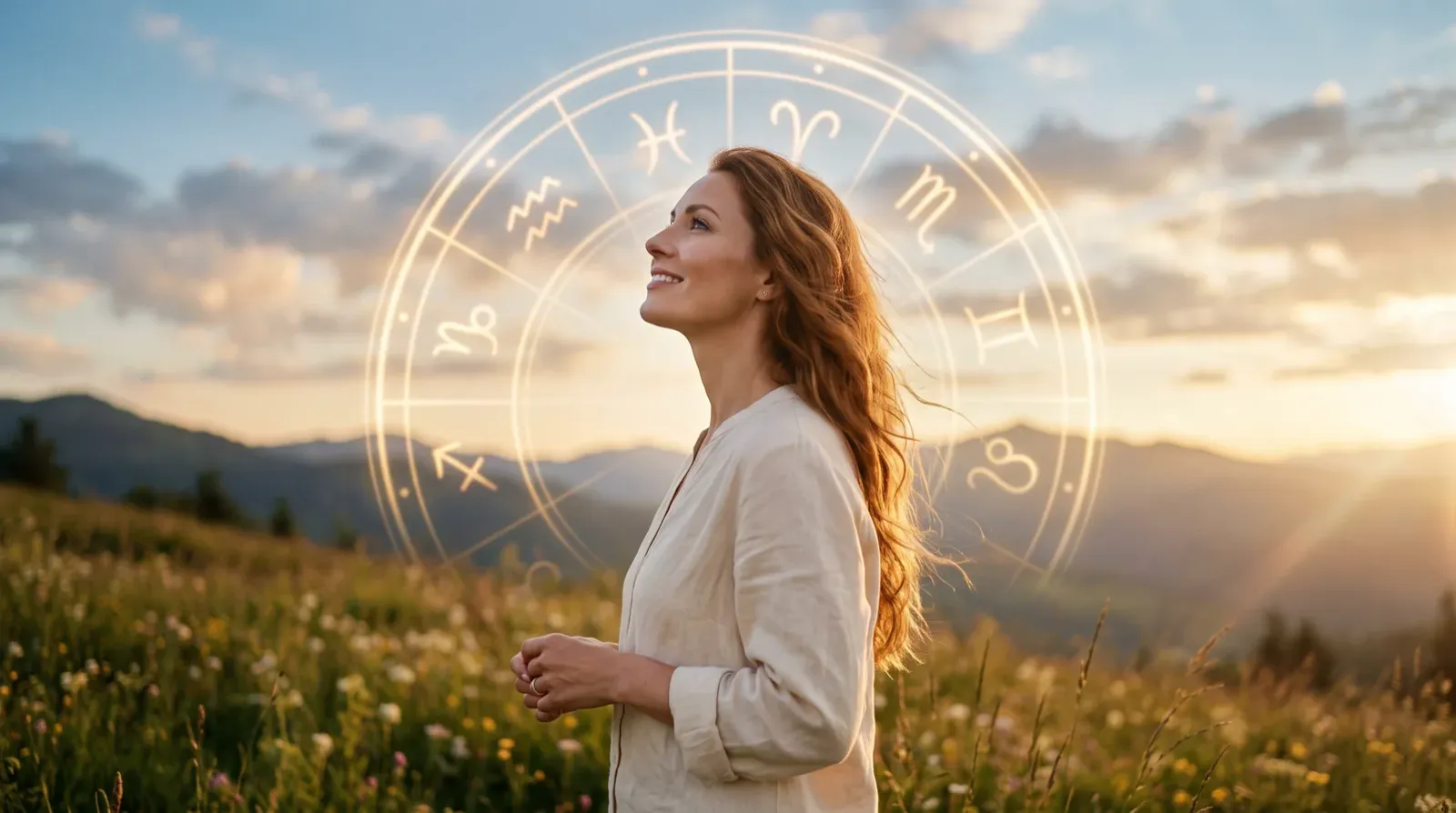 Woman in evening light with a golden zodiac wheel