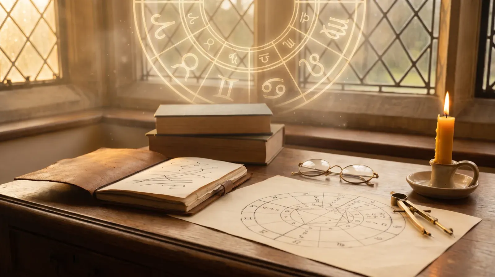 Astrologische Zeichnung, Bücher und Kerze im Abendlicht