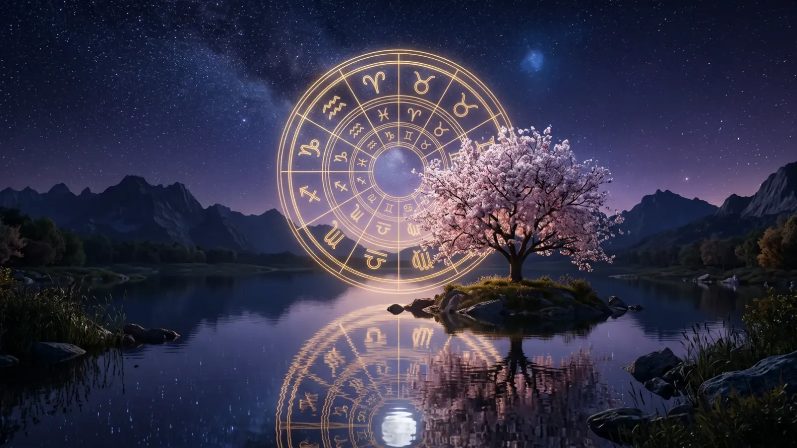 Blossoming tree by a lake at night with a golden zodiac wheel