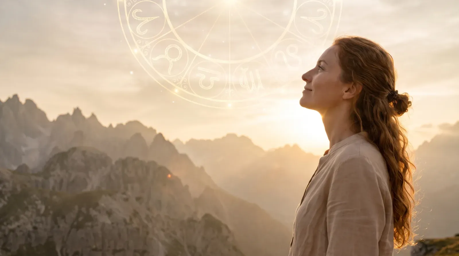 Woman in evening light with a golden zodiac wheel